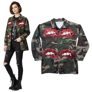 Camo Red Sequins Lips Shirt Jacket Rocky Horror Rolling Stones Punk Womens M